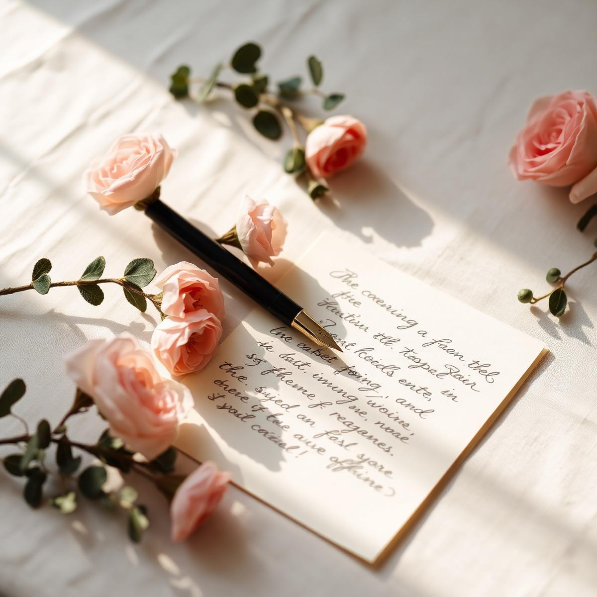 A handwritten welcome letter surrounded by blush roses