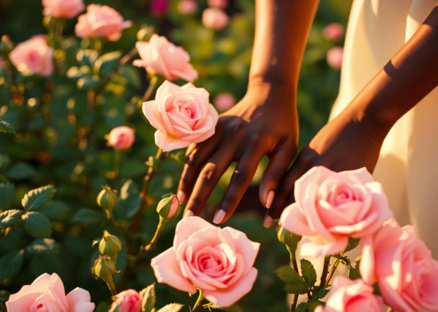Hands gently tending blush garden roses in golden light